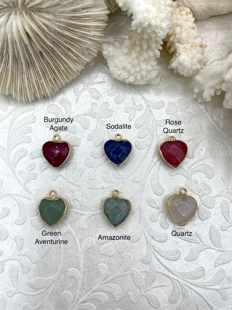 Small Heart Shaped Natural Stone Pendants Gold Soldered, Natural Stone Pendants, will come in a variety of patterns, 6 colors, Fast Ship
