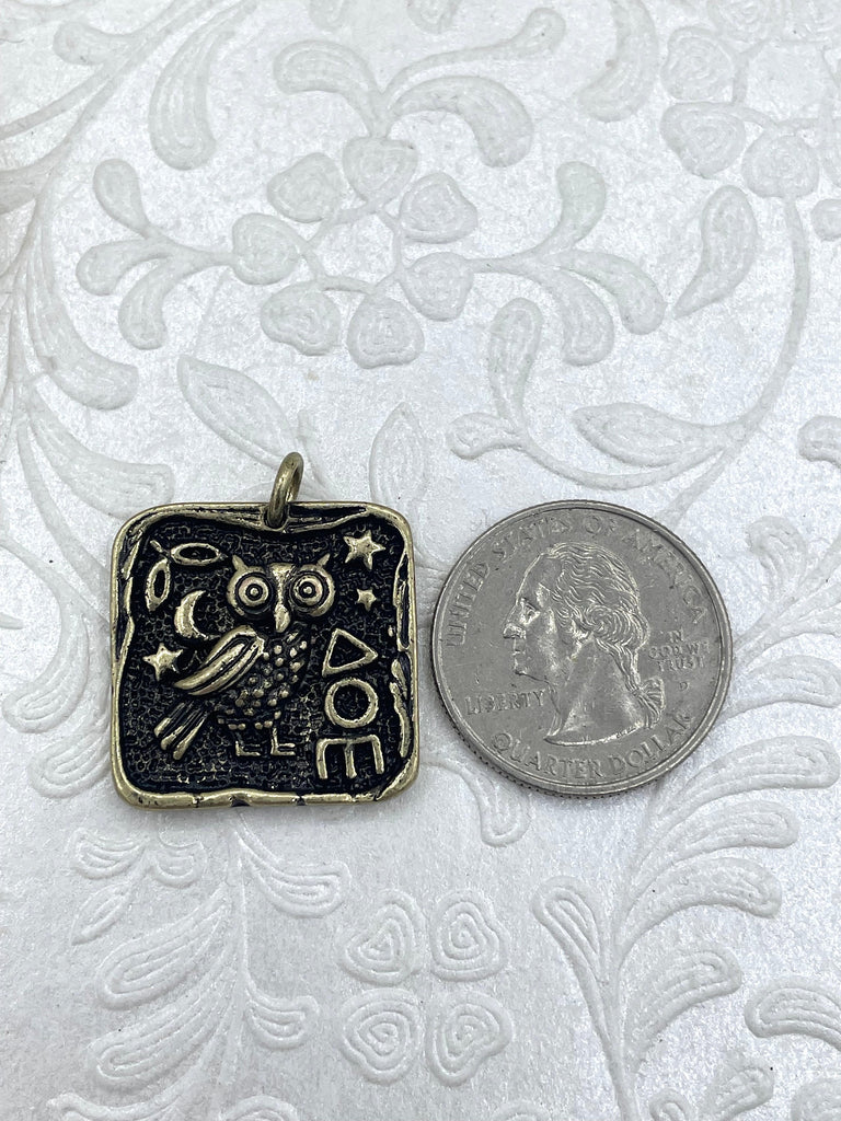 High Quality Brass Ancient Greek Coin, Bubo Owl of Athena Greek ,Athena's Owl, Replica Charm, Gold or Rhodium Plated, 24mm, Fast Ship
