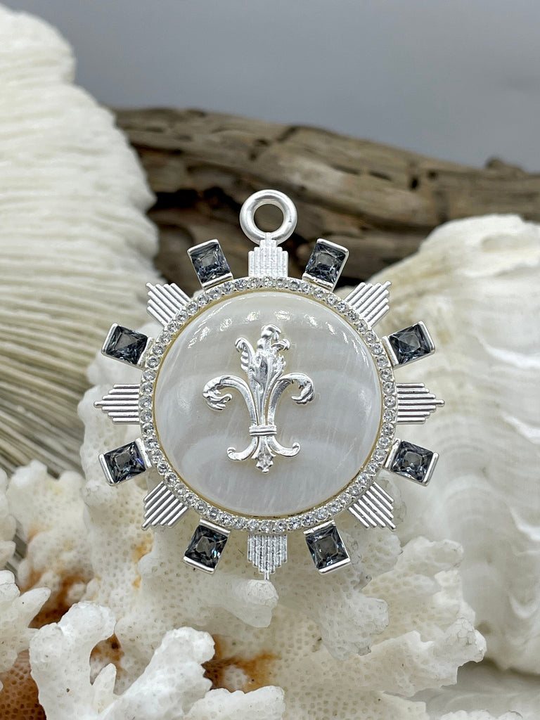 Mother of Pearl Pendant with Fleur de Lis and Cubic Zirconia Accents, Brass Matte Silver Bezel Natural Mother of Pearl 3 CZ Color Fast Ship