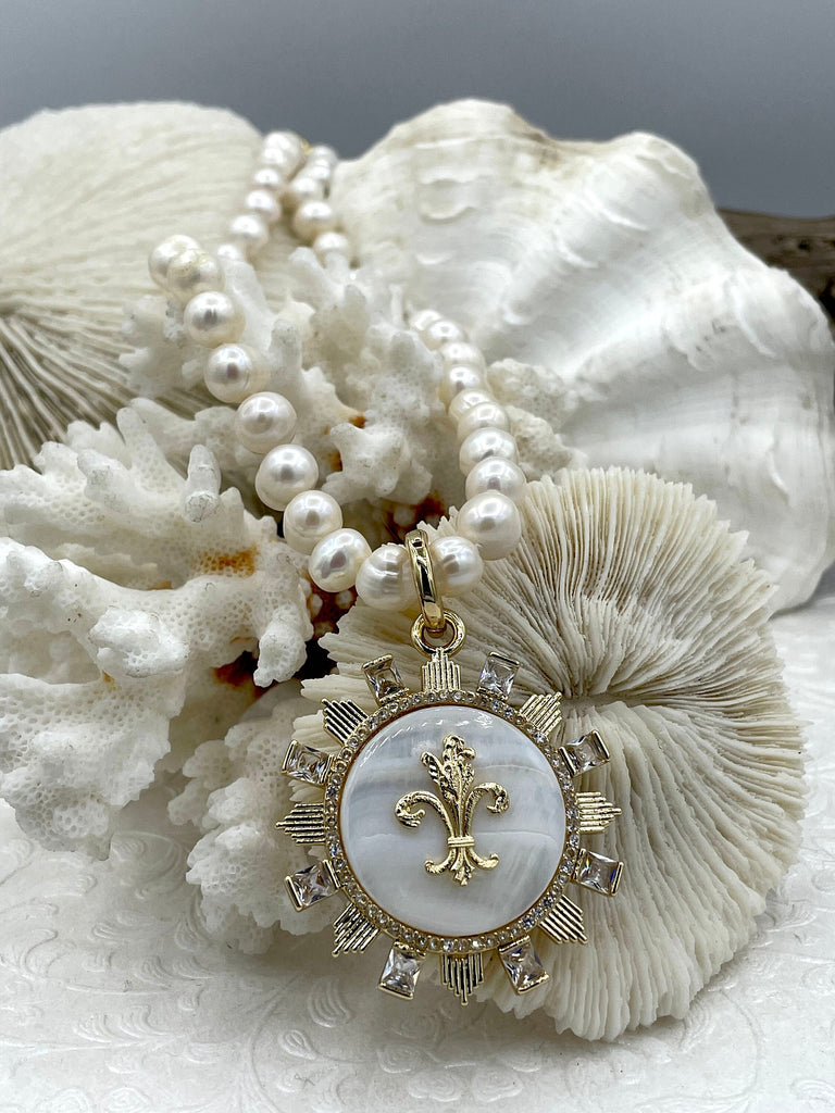 Genuine Mother of Pearl Pendants with Fleur de Lis Gold Fast Ship