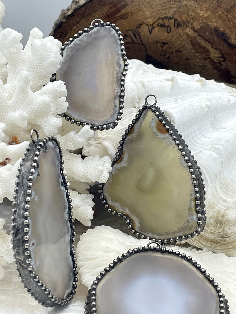 Agate Teardrop/Oval Pendants with Textured Burnished Silver Soldered Bezel. Variety of sizes and stones, all unique. Fast Ship