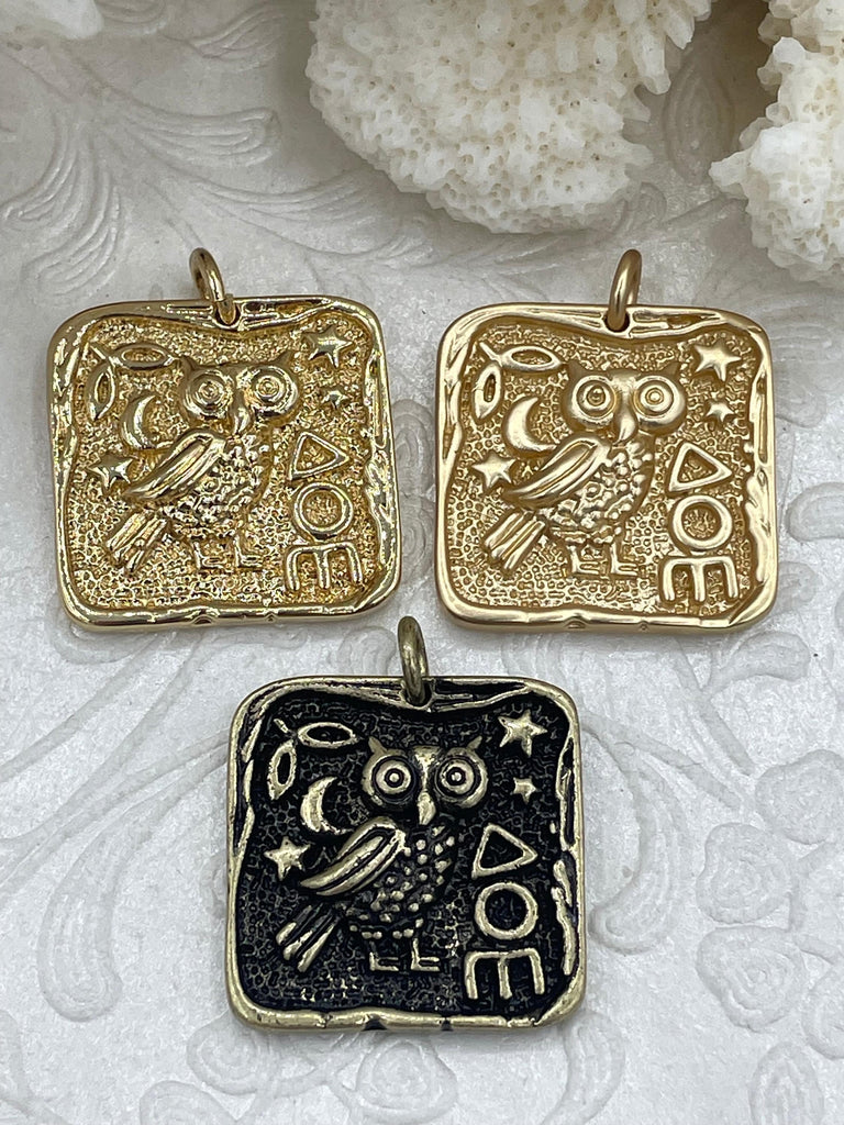 High Quality Brass Ancient Greek Coin, Bubo Owl of Athena Greek ,Athena's Owl, Replica Charm, Gold or Rhodium Plated, 24mm, Fast Ship
