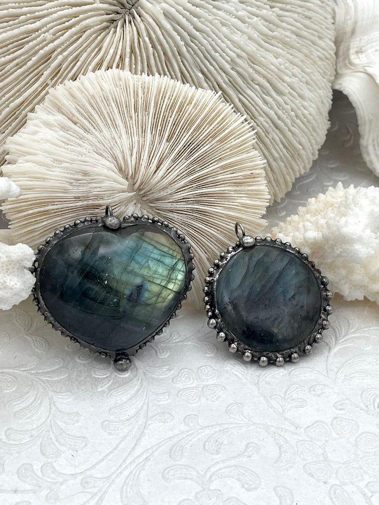 Labradorite Heart Shaped Pendants with Textured Burnished Silver Soldered Bezel. Variety of sizes and stones, all unique. Fast Ship