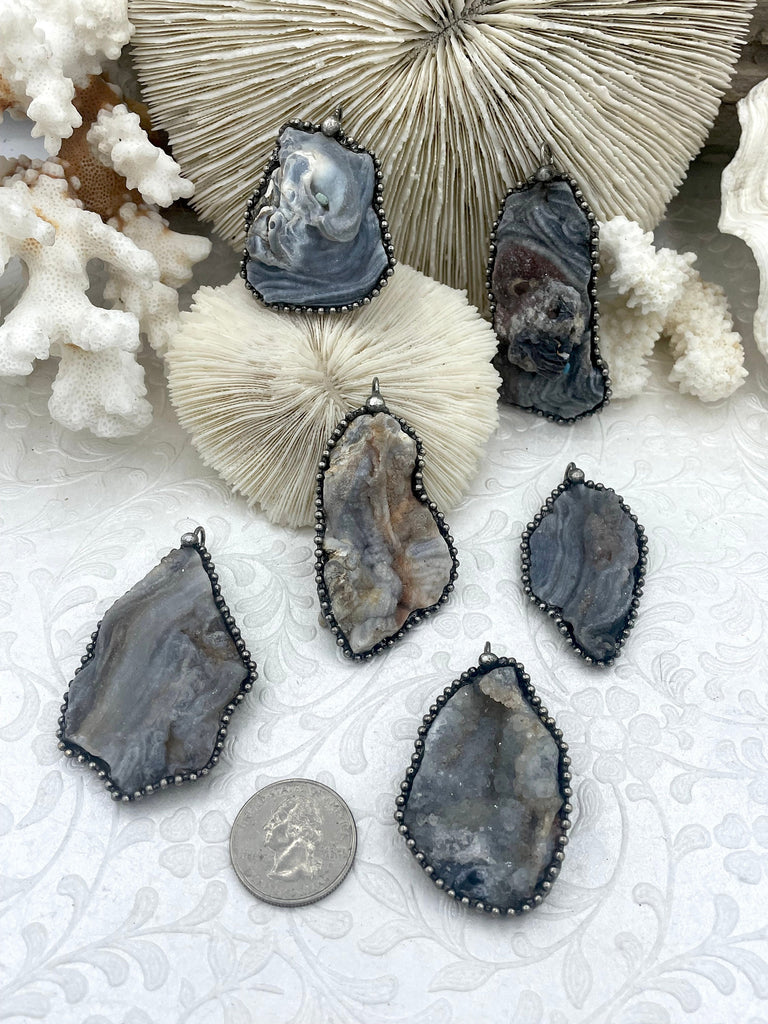 Natural Agate Mixed Shape Pendants with Textured Burnished Silver Soldered Bezel. Variety of sizes and stones, all unique. Fast Ship