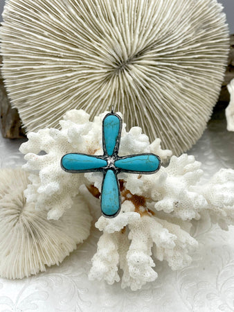 Turquoise Howlite Gunmetal Soldered Flower Pendant. Soldered Crystals flowers 47mm x 43mm x 8mm. 3mm ID, 5mm OD Bale. Fast Shipping