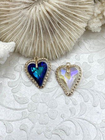 Gold Trimmed Crystals. Drop Crystal Hearts or Shell Shaped Charms and Pendants, 3 Styles/Colors. Fast Shipping