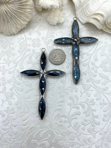 Gunmetal and Silver Soldered Cross Shaped Crystal Pendants and charms. Cross Shape Crystal, 94mm x 62mm x 8.5mm, 4mm Bale ID, Fast Shipping