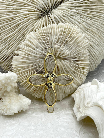 Crystal Gold Soldered Connector Pendant. Flower Shape Connector, Large Soldered Crystal Charms, 50mm x 43mm, 10mm thick. Fast Ship