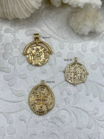 High Quality Brass Charm, Gold Coin Disc Pendant, Embossment Brass Pendant, 2 styles to choose From, Fast Ship