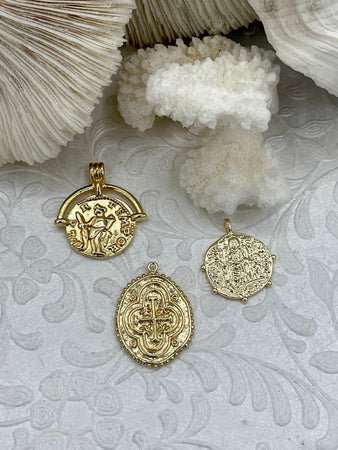 High Quality Brass Charm, Gold Coin Disc Pendant, Embossment Brass Pendant, 2 styles to choose From, Fast Ship