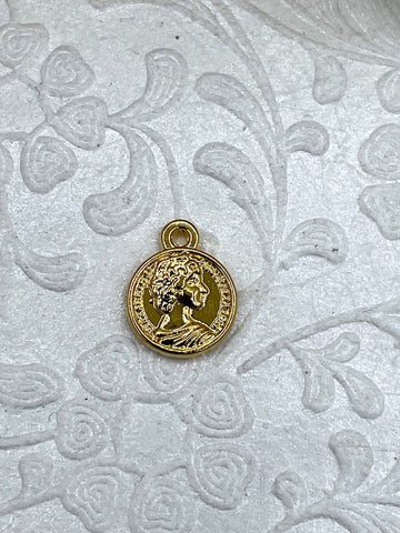 High Quality Brass Charm, Gold Coin Disc Pendant, Small Queen Charm, Embossment Brass Pendant, 12mm round, Fast Ship