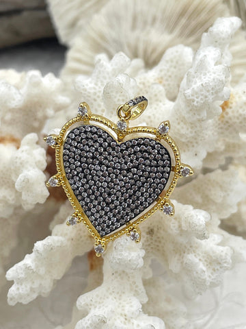Spike Heart CZ Pave Charm, Cubic Zirconia charm, Brass Charm, 3 styles available, gold and gunmetal, clear CZ, Fast Ship
