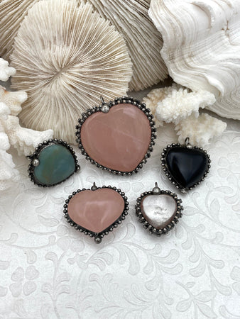 Heart Shaped Pendants w/Textured Burnished Silver Soldered Bezel w/CZ. 5 Styles,Natural stones,Variety of sizes&stones, all unique.Fast Ship