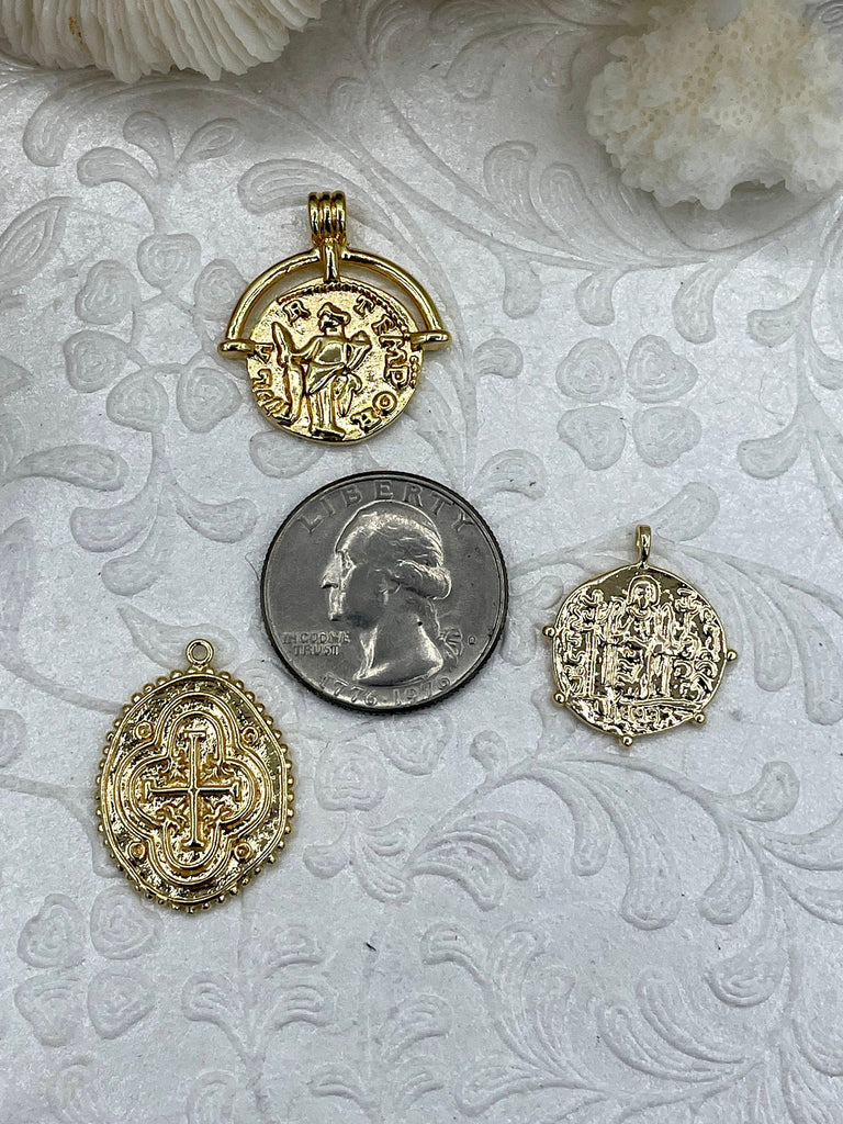 High Quality Brass Charm, Gold Coin Disc Pendant, Embossment Brass Pendant, 2 styles to choose From, Fast Ship