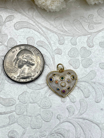 Enamel Heart Charms with Colorful Cubic Zirconia, CZ Micro Pave pendant,Enamel Pendant, gold plated brass, 16mm x 17.5mm x 4mm.Fast Shipping