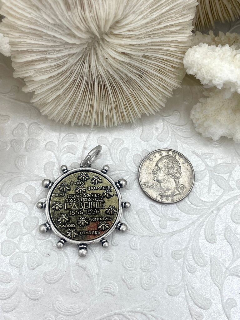 L'abielle Bee Coin Pendant, French Bee Coin with Bezel, Bee Pendant, Silver or Bronze Coin,4 bezel colors, Fleur De Lis Coin, Fast Ship