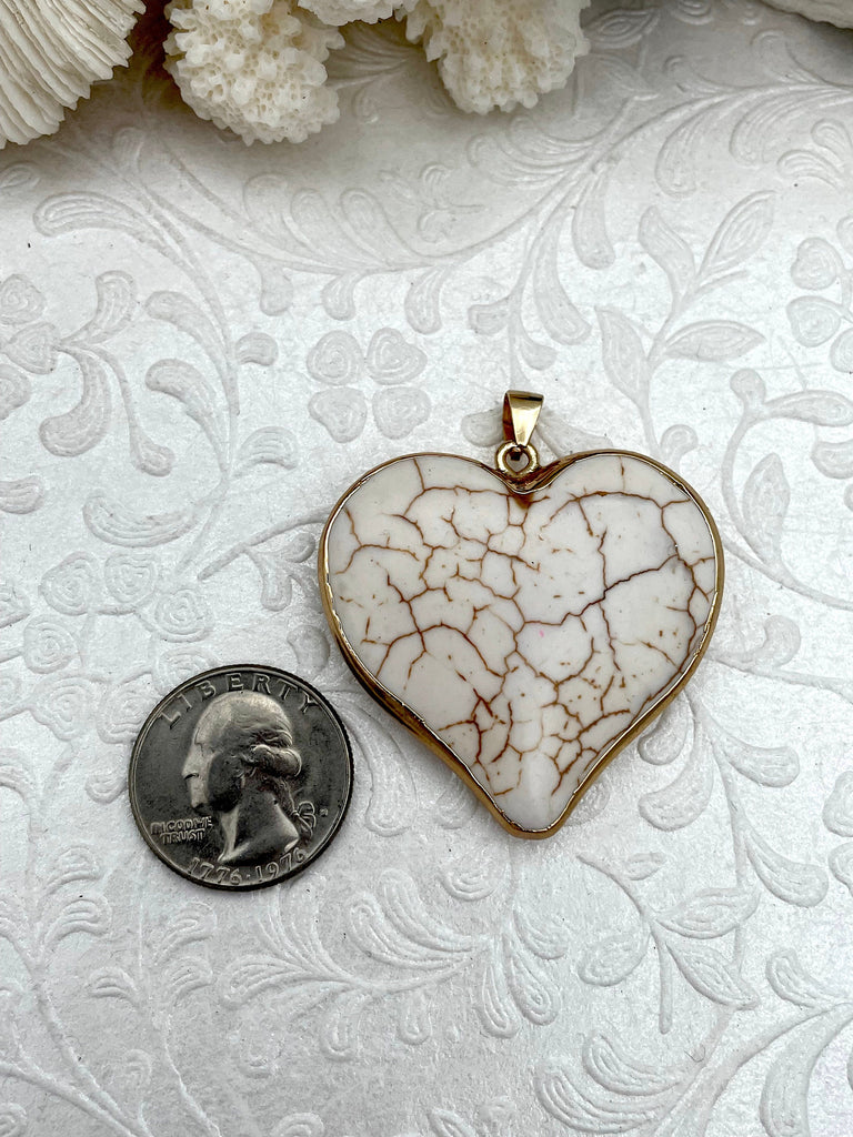 Gold Soldered Heart Shaped Howlite Stone Pendants and charms. White Howlite Heart, gold plated brass, alls tones unique. Fast Shipping