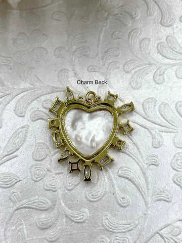 Mother of Pearl Spike Heart CZ Charm, Various Shaped Cubic Zirconia, MOP Charms, Brass Mother of Pearl, Fast Ship