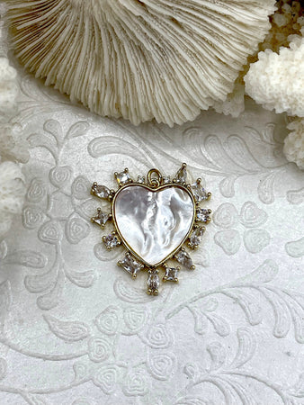 Mother of Pearl Spike Heart CZ Charm, Various Shaped Cubic Zirconia, MOP Charms, Brass Mother of Pearl, Fast Ship