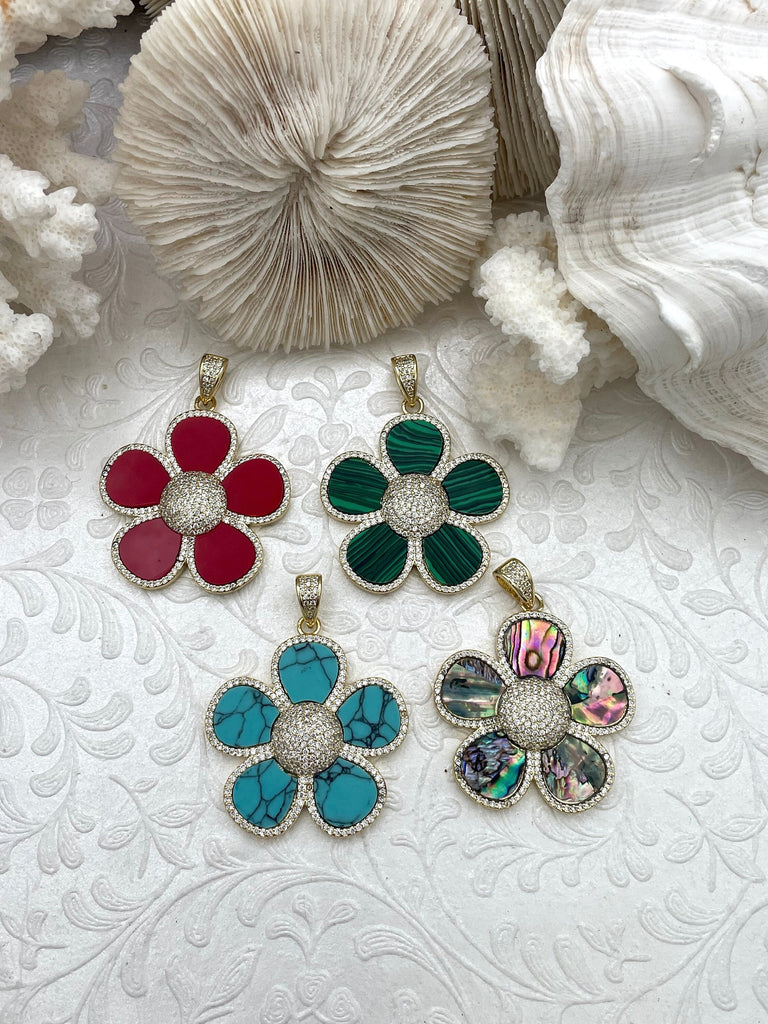 Flower Shaped Pendants Malachite, Enamel, Turquoise Howlite, or Abalone. 5 Styles, 38mm, Variety of stones, all unique. 4 styles. Fast Ship