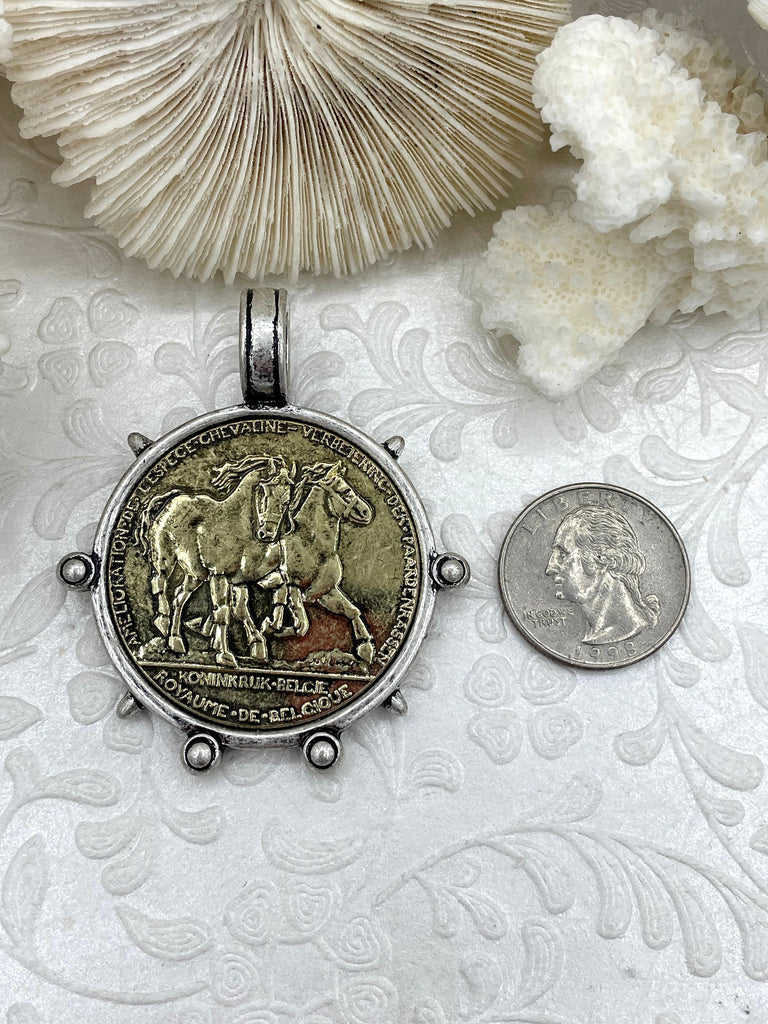 Belgium Hainaut Horse Coin Pendant, Double Horse Coin, Coin Bezel, French Coin, Art Deco Coin, Silver Coin, 4 Bezel Colors. Fast Ship