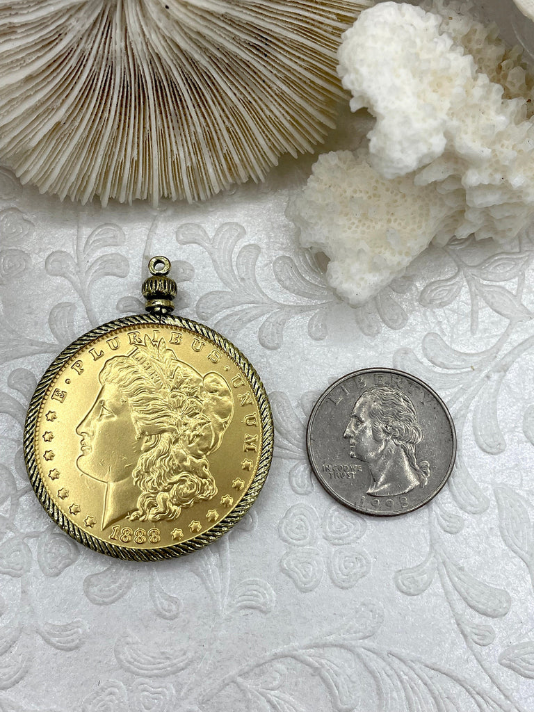Reproduction Coin Pendant 39mm, Gold Plated. Liberty Coin, Vintage Coin, 4 bezel colors. Fast Shipping