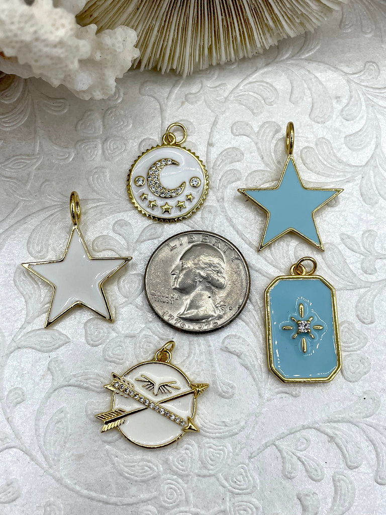 White and Blue Enamel w/Gold Plated Brass, CZ Micro PAVE Charm Pendant. Gold plating.Star, Heart, Moon, Compass, Arrow. 10 choices.Fast Ship