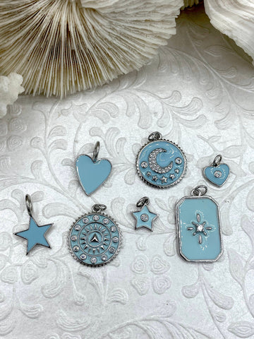 White or Blue Enamel CZ Micro PAVE Charm Pendant Brass. Silver plating. Star, Heart, Moon, Compass, Arrow. 9 choices Fast Ship