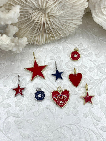 Red or Navy Enamel Star Charms, Silver or Gold Plated Brass, 8 styles, Cubic Zirconia, Brass, and Enamel Charms. Fast Ship