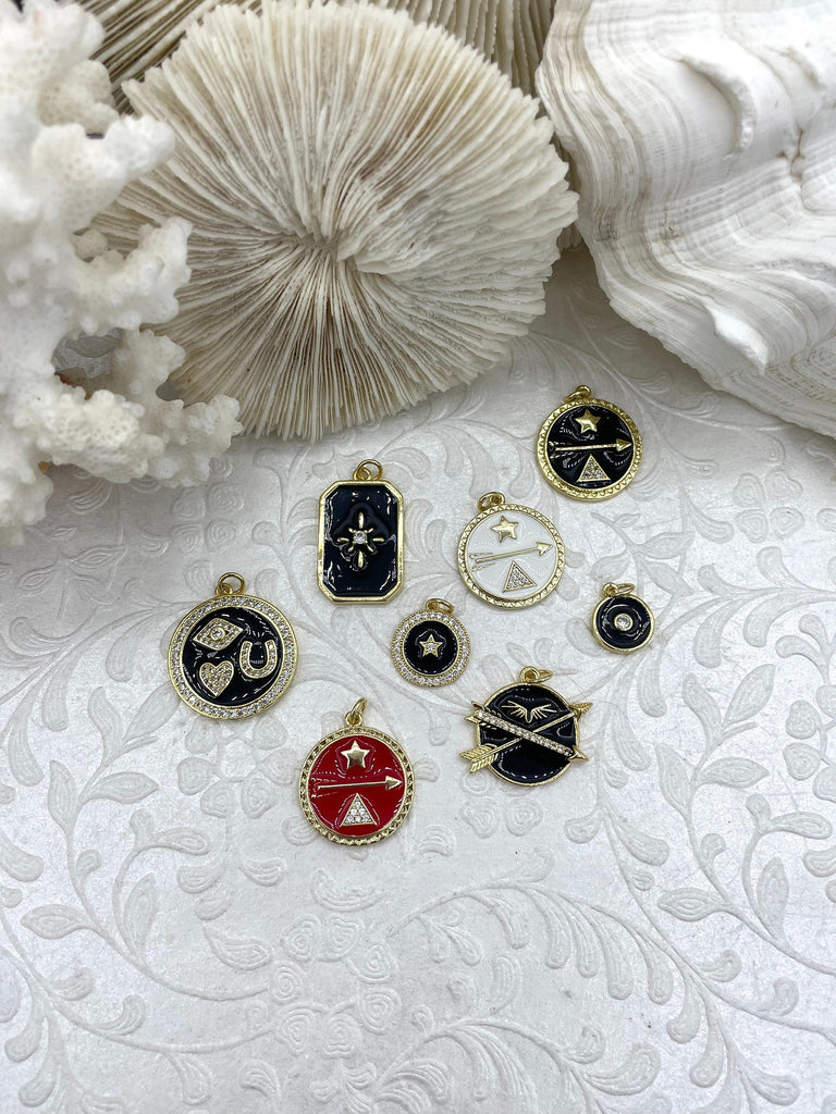Black, Red, and White Enamel Charms CZ Micro PAVE Charm Pendant BRASS. Gold plating. Brass and Enamel. 8 Styles to choose from. Fast Ship