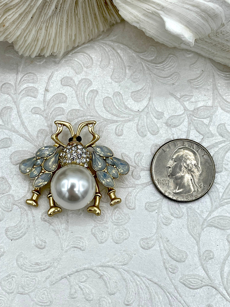 Bee Pearl Charm Pendant CZ Micro Pave, French Bee Charm, CZ and Pearl Bee, Bee Charm, Pearl CZ Bee Pendant, 3 Finishes Fast Ship