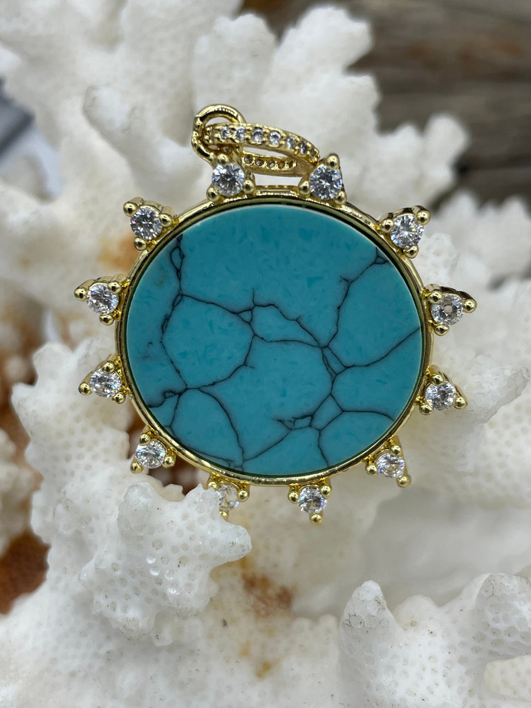 Turquoise Pendant with CZ, Mother of Pearl Round Spike CZ Charm Cubic Zirconia, Brass Mother of Pearl and Howlite Pendant, 2 style Fast Ship