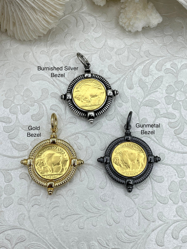 Buffalo Nickel Gold coin Pendant, Reproduction Gold Coin Pendant, Buffalo Nickel Pendant, Buffalo Nickel Coin Charm, 3 bezel color Fast Ship
