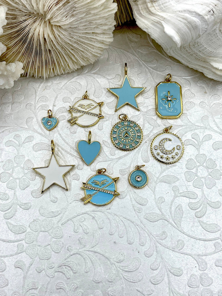 White and Blue Enamel w/Gold Plated Brass, CZ Micro PAVE Charm Pendant. Gold plating.Star, Heart, Moon, Compass, Arrow. 10 choices.Fast Ship