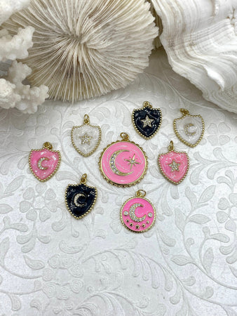 Enamel on Brass Micro Pave CZ Charms On Enamel Pink, White, or Black Charms. Gold over Brass Plating. 8 styles. Fast Shipping