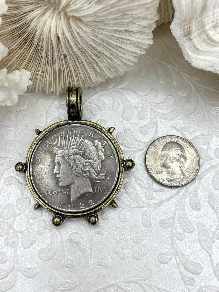Reproduction Coin Pendant, Liberty Peace Dollar Coin Pendant, Coin Bezel, Vintage Coin Pendant, Silver Coin, 3 bezel colors. Fast Ship