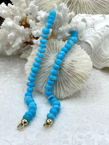 Peruvian Ocean Blue Opal Hand Knotted Necklace, 17-18" Long, Rondelle Stones 8mmx5mm with Gold Finished Ends, Candy Necklace, Fast Ship