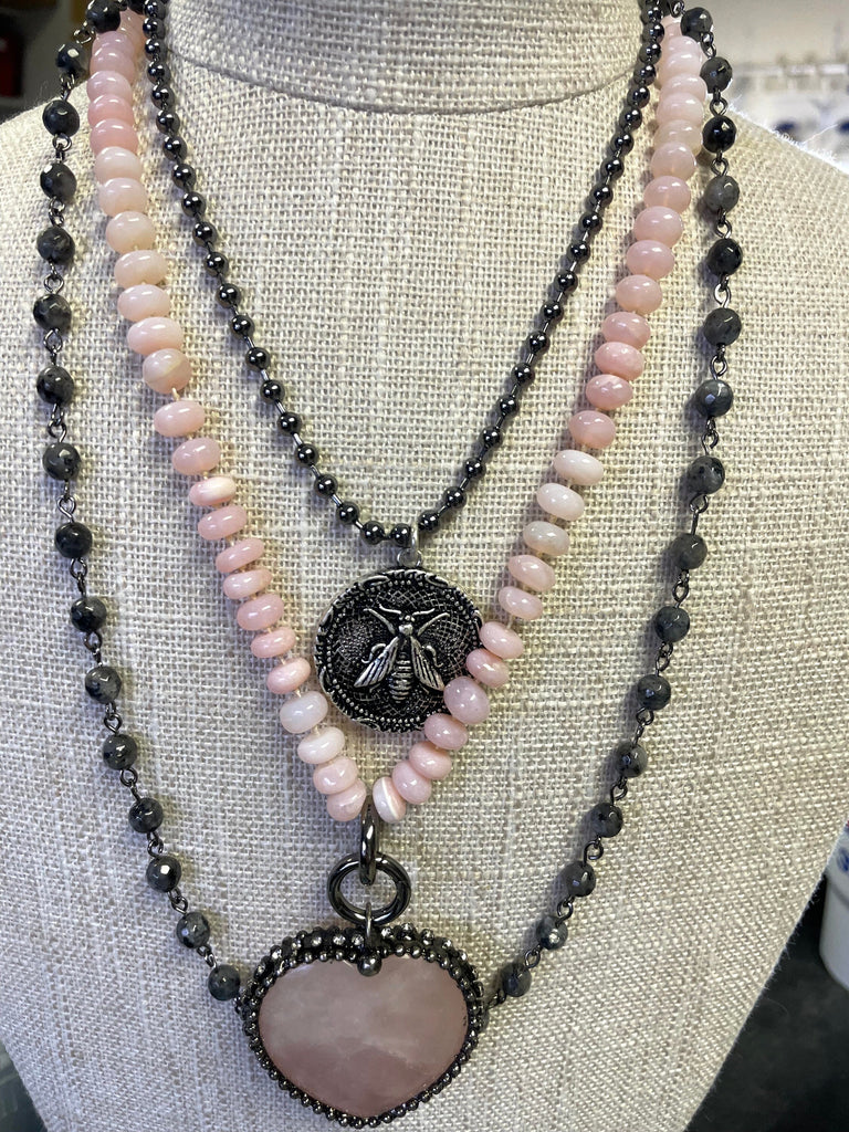 Peruvian Opal Pink Hand Knotted Necklace, 17-18" Long, Rondelle Stones 8mmx5mm w/Finished Ends Gold or Matte Gold, Candy Necklace Fast Ship