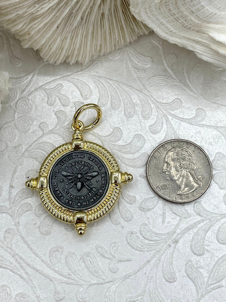 French Bee Replica Coin, Reproduction Bee Coin, Bee Pendant, Bee Necklace, Gold Coin, Bee Jewelry, Coin Jewelry, five bezel colors Fast Ship