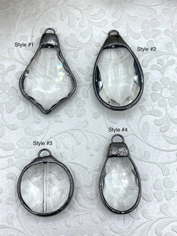 Crystal Gunmetal Soldered Pendants and charms. Clear Glass Crystals, Teardrop, Round & Oval, 4 Styles to choose from. Fast Shipping