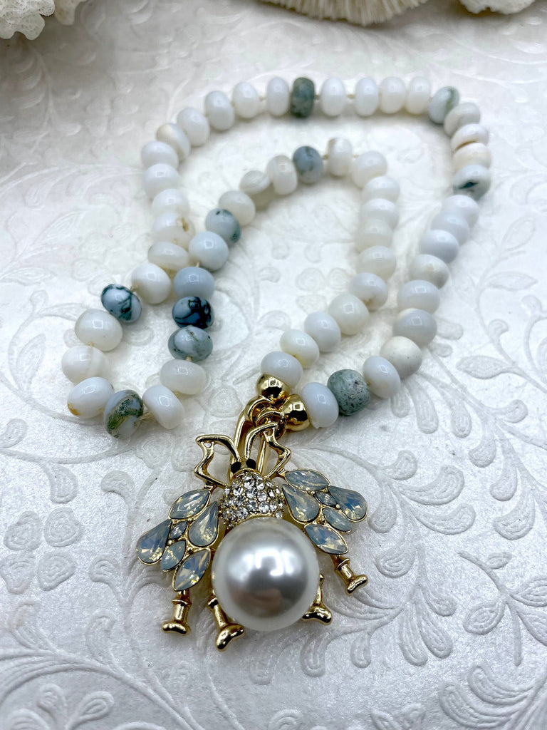 Peruvian White Mixed Opal Hand Knotted Necklace, 17-18" Long, Rondelle Stones 8mmx5mm w/Gold Finished Ends, Candy Necklace, Fast Ship