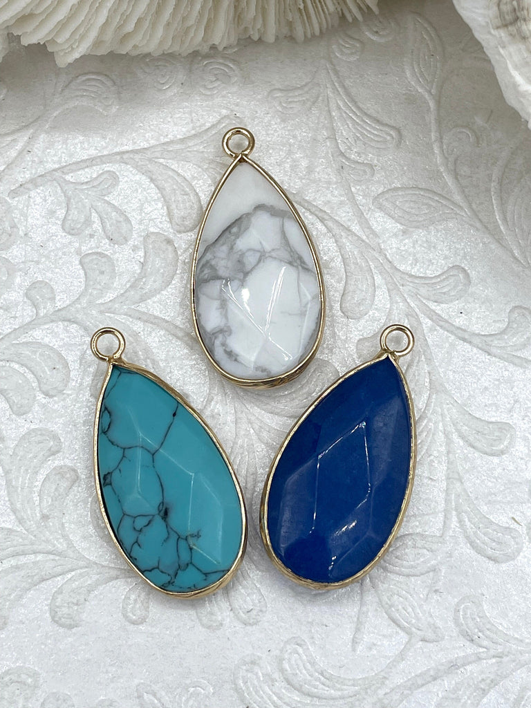 Natural Agate or Howlite Stone Teardrop Pendants with Wrapped Gold Bezels, Gold plated Brass Bezel, 6 Styles to choose from, Fast Ship