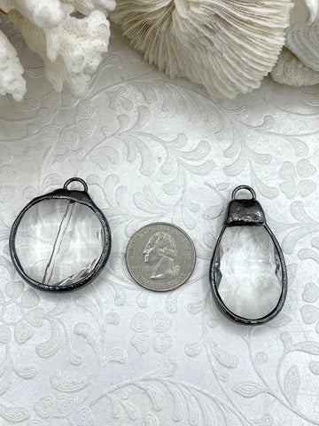 Crystal Gunmetal Soldered Pendants and charms. Clear Glass Crystals, Teardrop, Round & Oval, 4 Styles to choose from. Fast Shipping