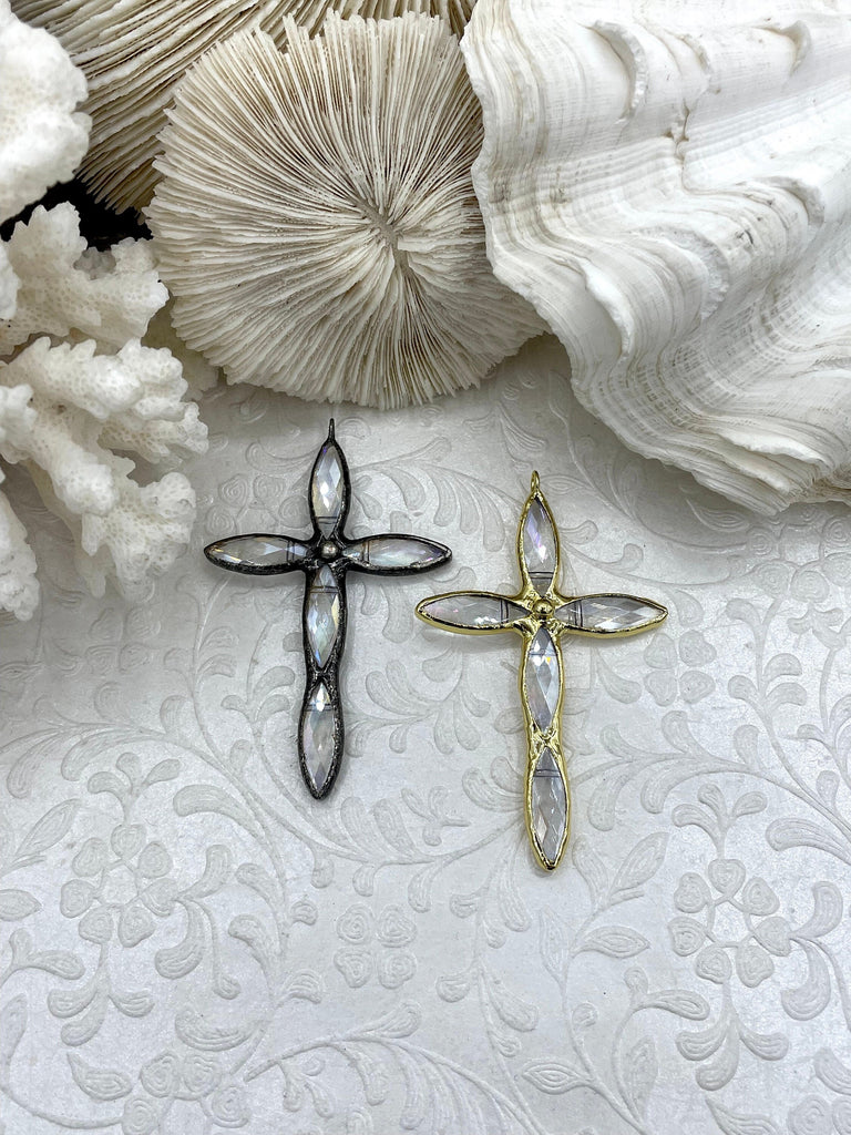 Crystal Gunmetal and Gold Soldered Pendants and charms. Cross Shape Crystal, 2 styles, 71mm x 46mm x 8mm, 3.3mm Bale ID, Fast Shipping
