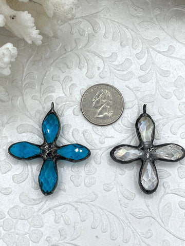Gunmetal Soldered Cross Shaped Crystal Pendants and charms. 2 Styles, Teal Crystal or Clear Crystal, 45mm x 45mm, 4mm Bale ID, Fast Shipping