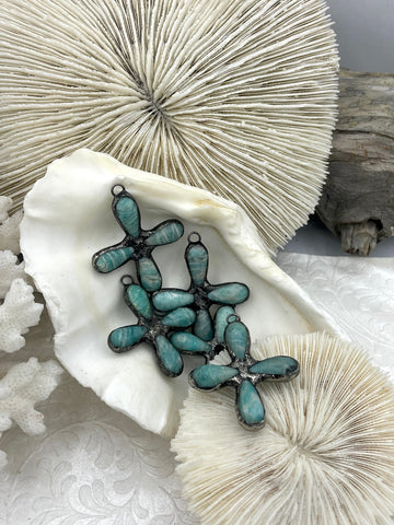 Flower Shaped Soldered Amazonite Stone Pendants, Flower Shape Stone Pendants with Gunmetal Soldering, All Unique Natural Stones, Fast Ship.