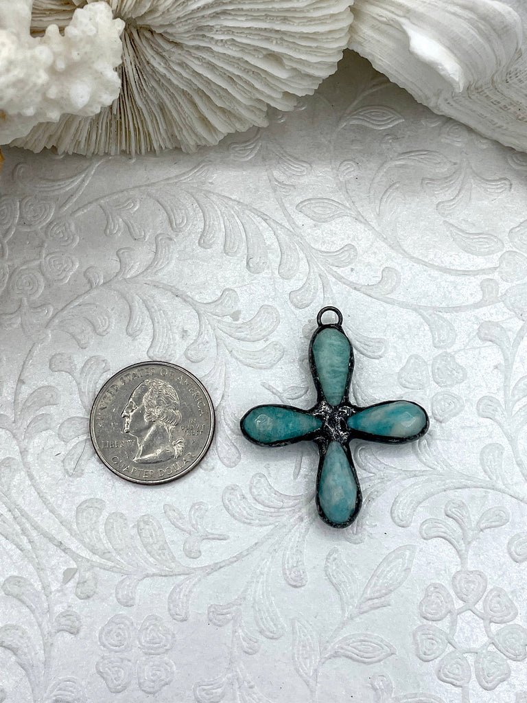 Flower Shaped Soldered Amazonite Stone Pendants, Flower Shape Stone Pendants with Gunmetal Soldering, All Unique Natural Stones, Fast Ship.