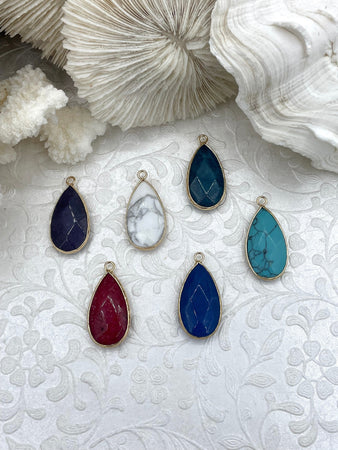 Natural Agate or Howlite Stone Teardrop Pendants with Wrapped Gold Bezels, Gold plated Brass Bezel, 6 Styles to choose from, Fast Ship