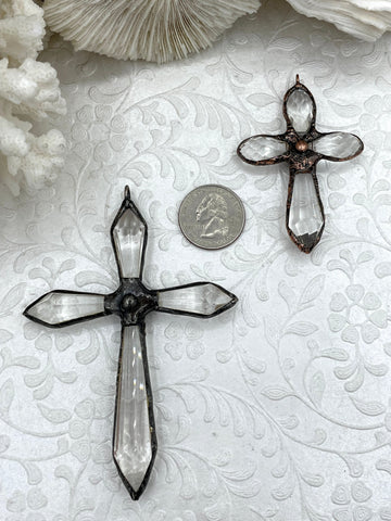 Soldered Cross Shaped Crystal Pendants and charms. Cross Shape Crystal, 2 styles, Large Gunmetal or Small Copper, 4mm Bale ID, Fast Shipping