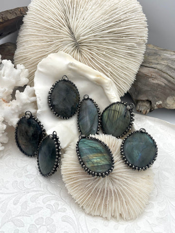 AA Labradorite Pendants with Textured Burnished Silver and CZ Soldered Bezel. Variety of sizes and stones, all unique. Fast Ship